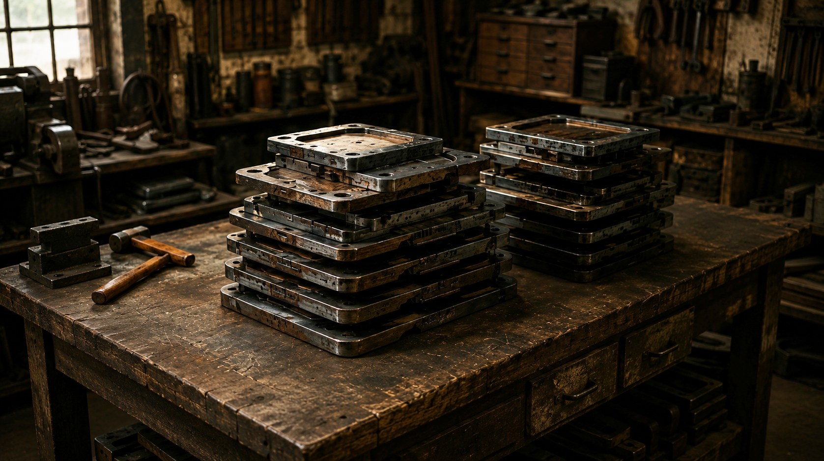 Stacks of physical cutting dies on a workshop bench