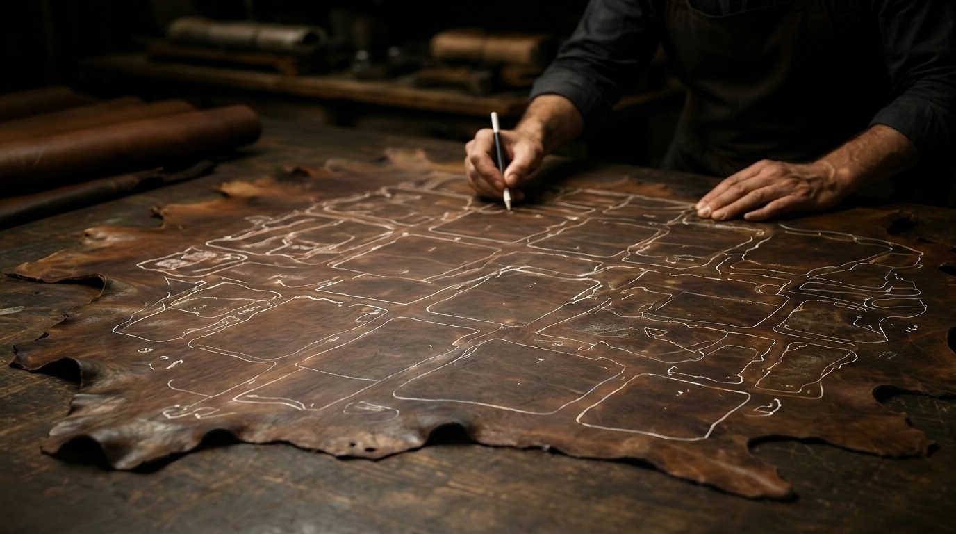 Craftsman manually marking pattern outlines on a leather hide