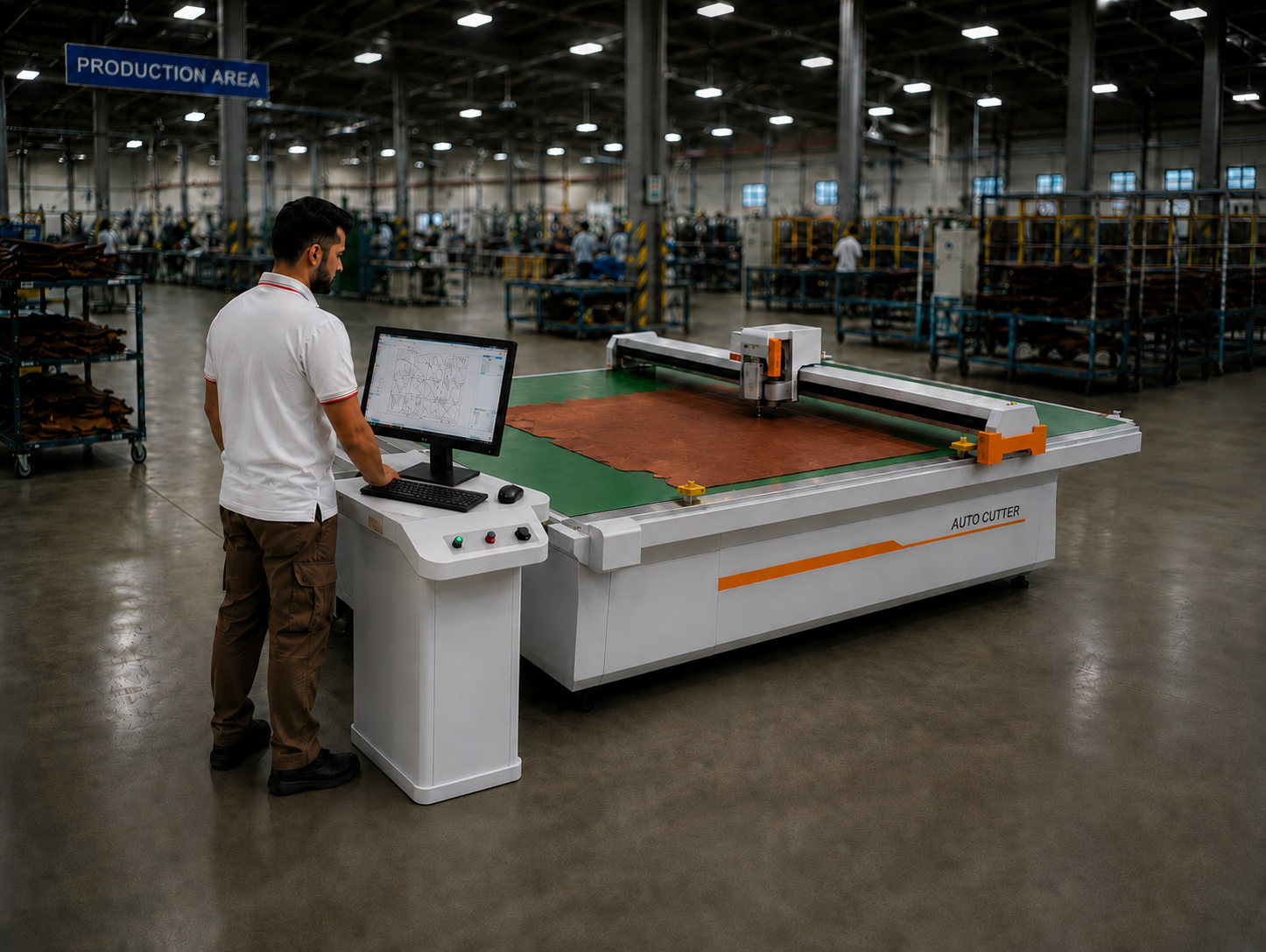 COTEZA die-less auto cutter cutting a leather hide on the production floor