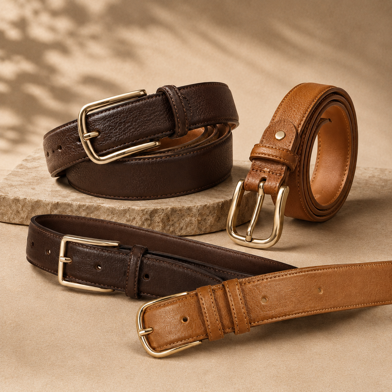 Leather belts with gold buckles in tan and dark brown