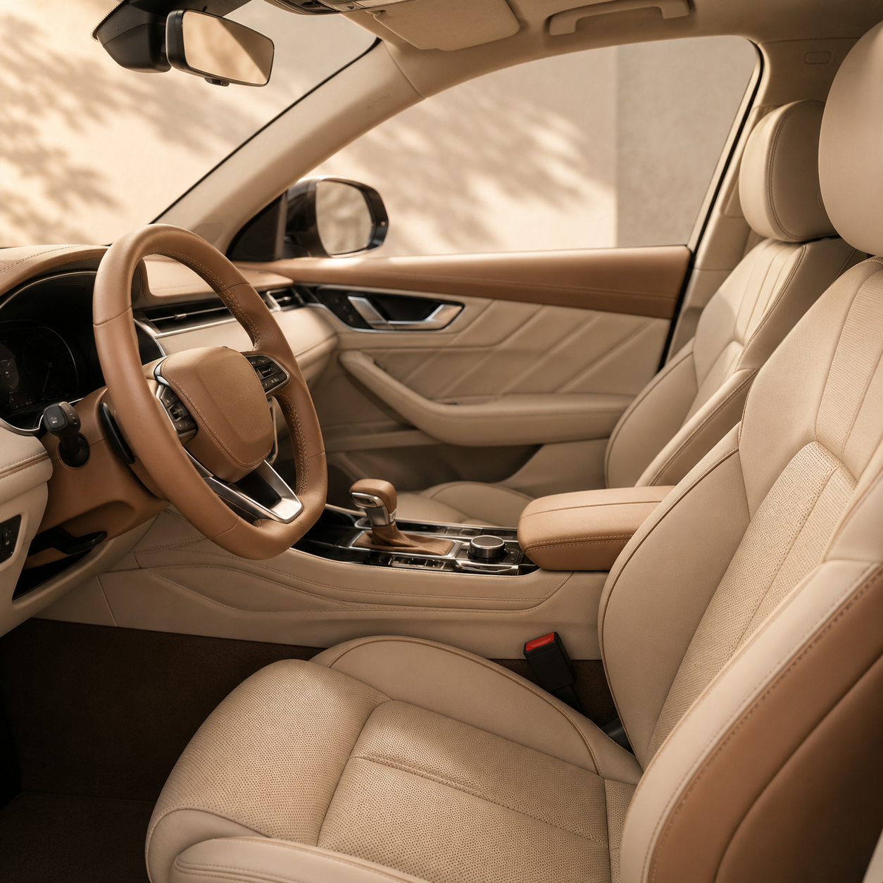 Automotive interior upholstered in tan and cream leather
