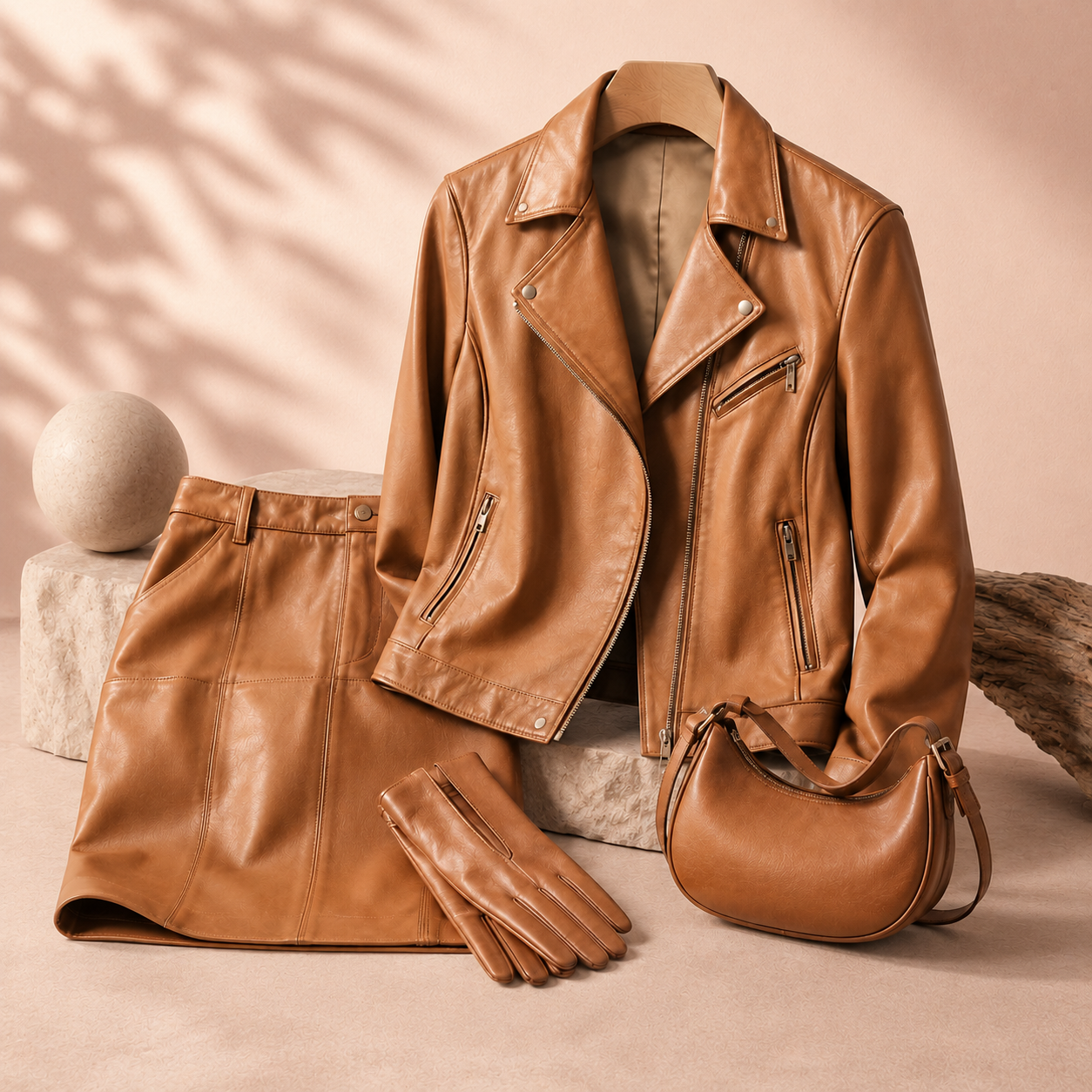 Leather apparel - jacket, skirt, gloves and shoulder bag