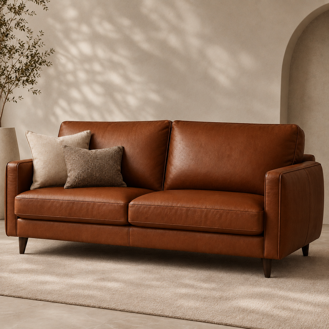 Tan leather sofa with cushions in a modern living room